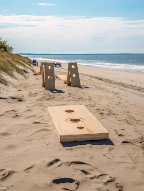 Zdjęcie relaksujące oceanfront cornhole game setup na sandy beach z drewnianymi deskami i scenic horizon w
