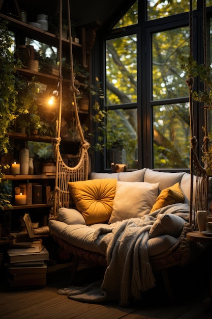 Relaksujący i przytulny kącik do czytania z półką na książki, miękkimi poduszkami, ciepłym kocem, czas na spokojne czytanie