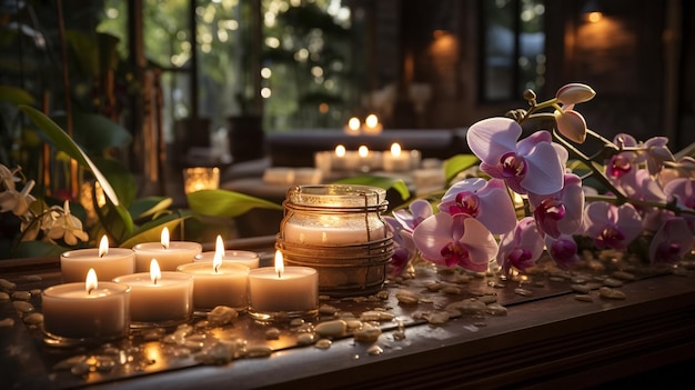 relaksujący tajski kurort przytulny wieczorny salon spa świece niewyraźne lekkie egzotyczne kwiaty
