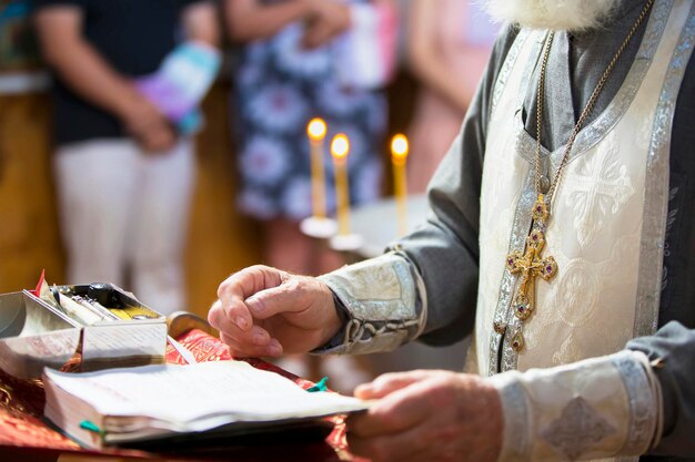 Zdjęcie religia prawosławna ręce kapłana na tle krzyża i świec