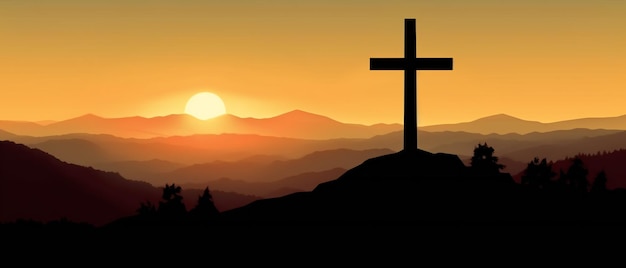 religijne chrześcijańskie ukrzyżowanie krzyża na szczycie góry o zachodzie słońca
