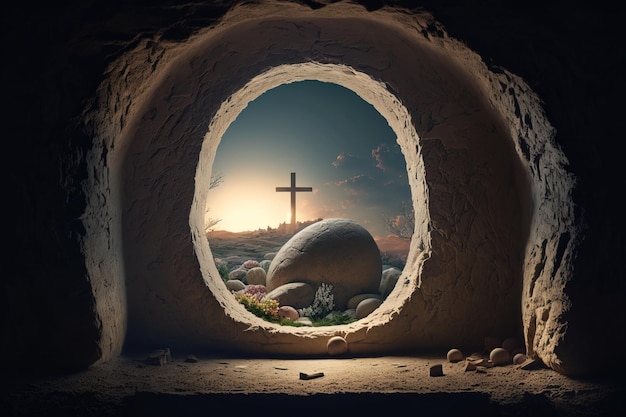 Zdjęcie religijne tło wielkanocne wyjście z jaskini w kształcie krzyża