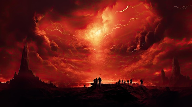 Religijnie intensywna scena ognistego nieba ostateczny wyrok wieczne potępienie przerażające postacie