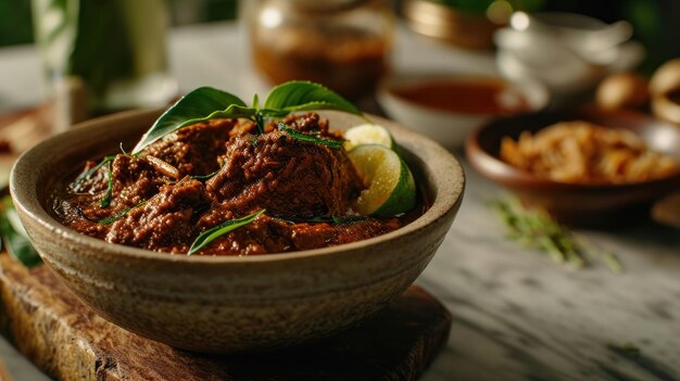 Zdjęcie rendang wołowiny na nowoczesnym liczniku kuchennym