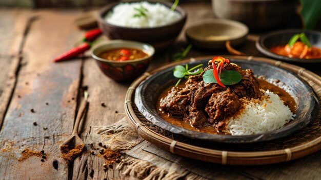 Rendang z wołowiny na tle wiejskiej kuchni indonezyjskiej