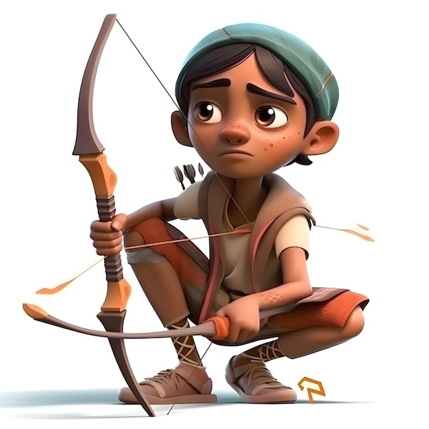 Zdjęcie render 3d małego chłopca z łukiem i strzałą izolowany na białym