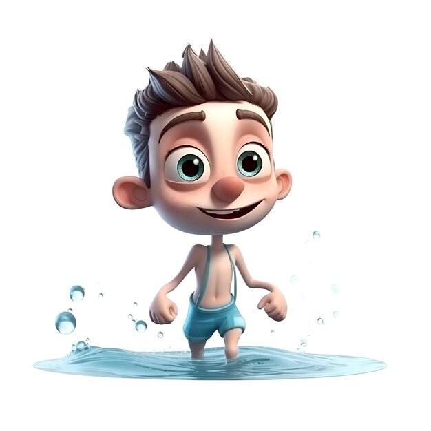 Render 3D małego chłopca z mokrymi włosami biegnącym w wodzie