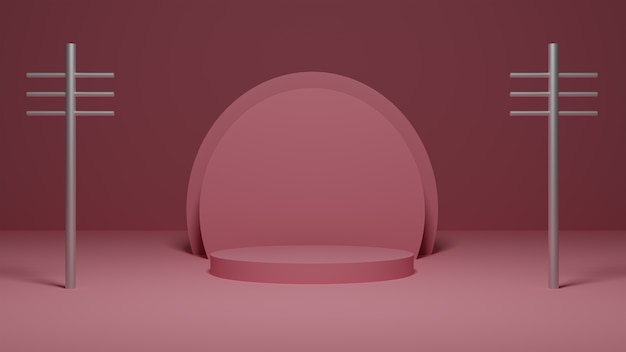 Zdjęcie render 3d platformy pastel pink ze srebrnymi metalowymi słupkami