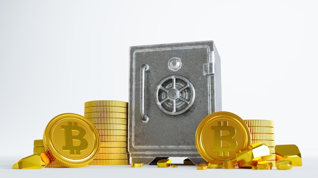 Render 3d Starego Zamkniętego Metalowego Sejfu Ze Złotym Bitcoinem Na Białym Tle
