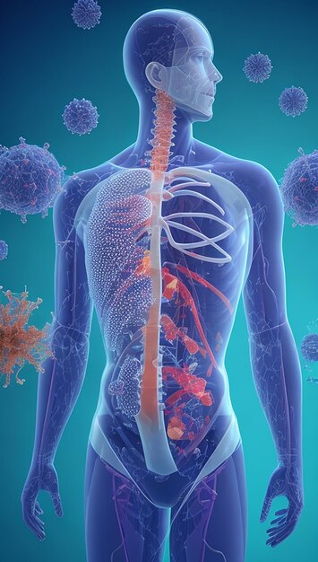 Render 3D tła medycznego z męską sylwetką i płucami oraz komórkami wirusa Covid 19