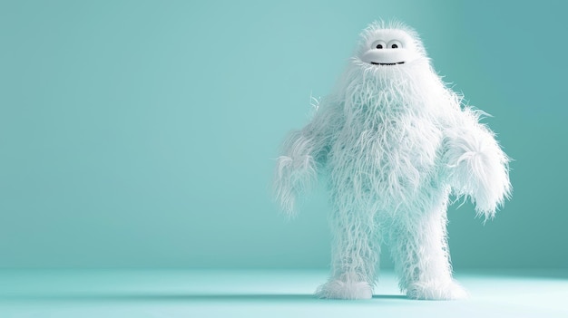 Render białego owłosionego yeti stojącego futrzanego Bigfoot zabawki zabawny zimowy potwór postać z kreskówek izolowany na błękitnym tle
