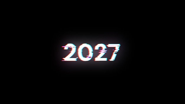 Rendering 3D 2027 tekstu z efektami ekranu usterek technologicznych