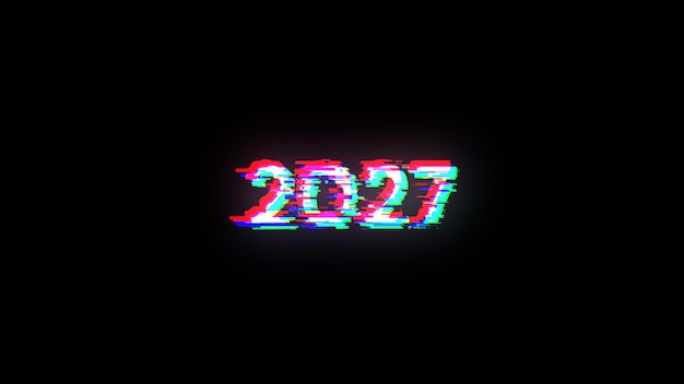 Rendering 3D 2027 tekstu z efektami ekranu usterek technologicznych