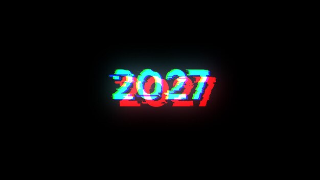 Rendering 3D 2027 tekstu z efektami ekranu usterek technologicznych