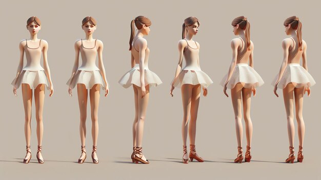 Zdjęcie rendering 3d baleriny w białym tutu i brązowych butkach baletowych balerina pozuje w wdzięcznej pozycji arabeskiej