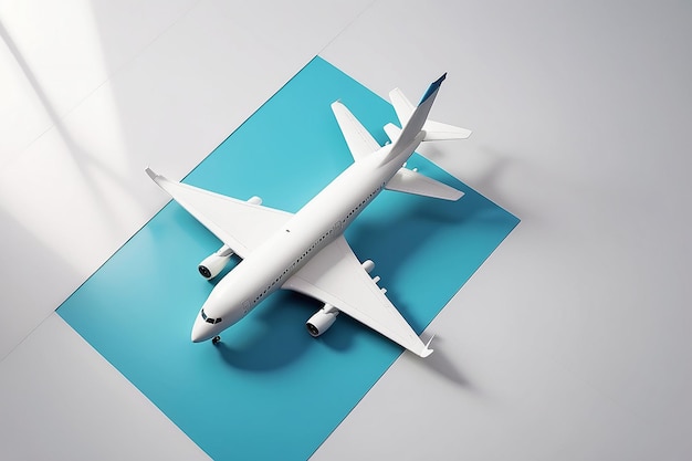 Rendering 3D białego symbolu samolotu z widoku górnego ikony opierającej się na ścianie kolorowej z rozmytym odbiciem podłogi z pustą przestrzenią po prawej stronie
