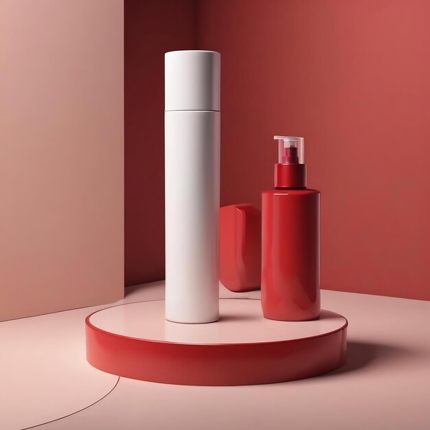 Rendering 3D białego tła produktu dla kremowych kosmetyków nowoczesne czerwone tło podium