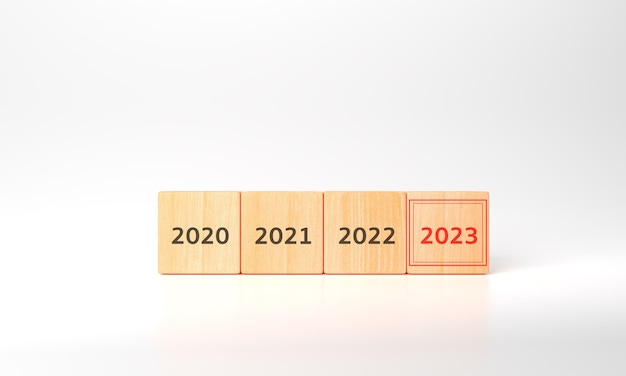Rendering 3d biznesplanu i strategii 2023 Plan działania Plan roczny i rozwój dla osiągnięcia celów Sukces celu Drewniane kostki napisane 2023 i inteligentny plan
