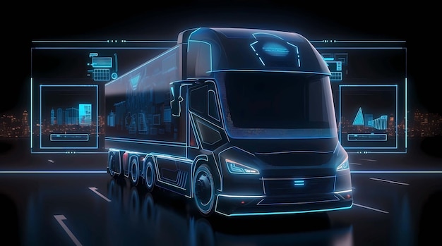 Rendering 3D ciężarówki z wirtualnym interfejsem w tle