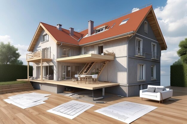 Rendering 3D domu poddawanego wzmacniającym renowacjom ma fałszywy tekst