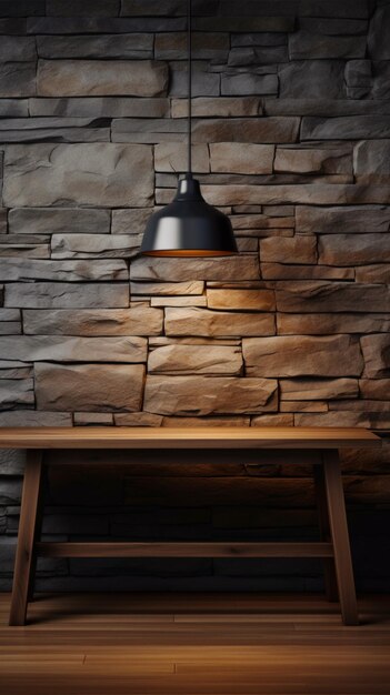 Zdjęcie rendering 3d drewniany stół i lampa na tle kamiennej ściany pionowy mobilny tapeta