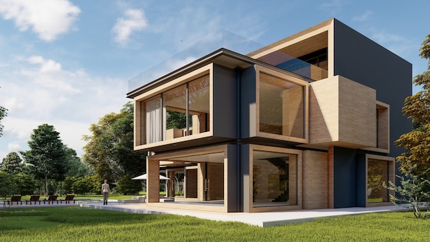 Rendering 3D dużego nowoczesnego współczesnego domu z drewna i betonu
