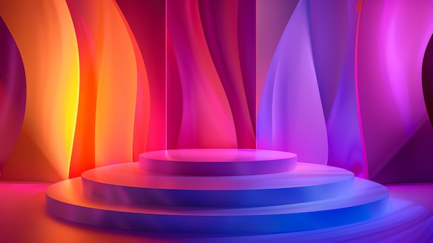 Rendering 3D Futurystyczna pusta scena lub podium z świecącymi neonami Abstrakcyjne tło z żywymi kolorami