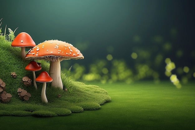 Rendering 3D grzybów i trawy na tle z banerem kopiowania przestrzeni