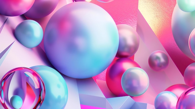 Rendering 3D kolorowego abstrakcyjnego tła z pływającymi kulami i kształtami geometrycznymi