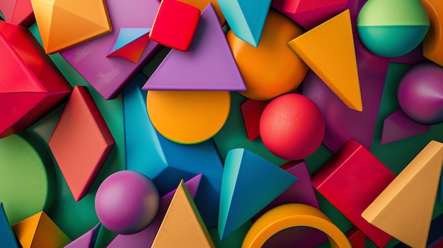 Zdjęcie rendering 3d kolorowych kształtów geometrycznych kształty sześcienne, trójkąty i inne kształty są ułożone w losowy wzór