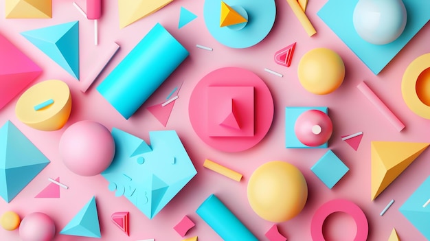 Zdjęcie rendering 3d kolorowych kształtów geometrycznych na różowym tle kształty obejmują kule, sześciany, trójkąty i cylindry