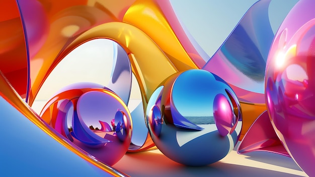 Rendering 3D Kompozycja abstrakcyjna kolorowych błyszczących kul i zakrzywionych kształtów