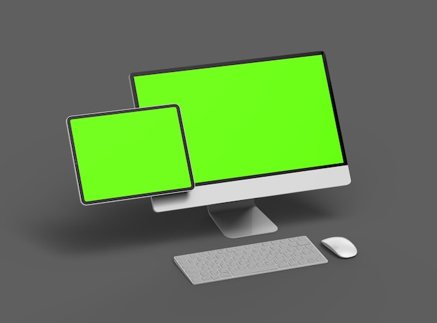 Rendering 3D komputera stacjonarnego i tabletu z zielonym ekranem na ciemnym tle