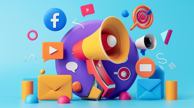 Rendering 3D koncepcji marketingu mediów społecznościowych z bańkami mowy megafonu i kształtami geometrycznymi