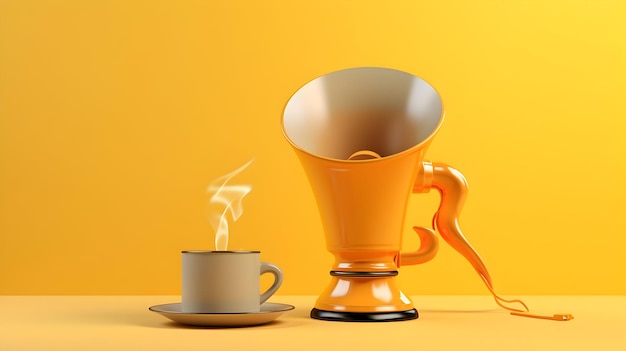 Rendering 3D kubka żarówki i megafonu ucieleśniający synergię idei kawy