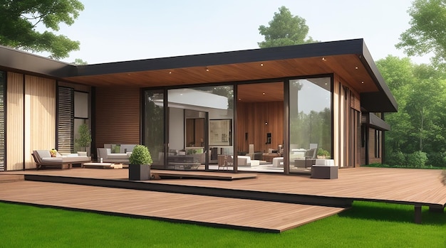 Rendering 3d luksusowego nowoczesnego domu z dużą drewnianą podłogą i trawnikiem