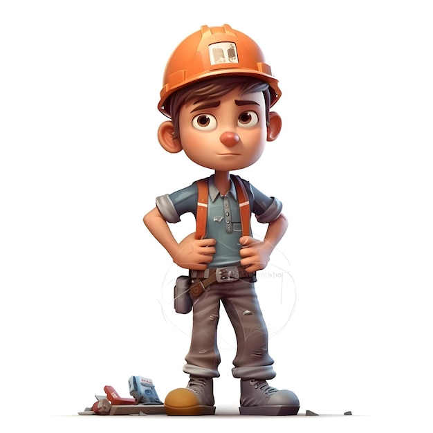 Rendering 3D małego chłopca budowniczego z hełmem i pasem narzędzi