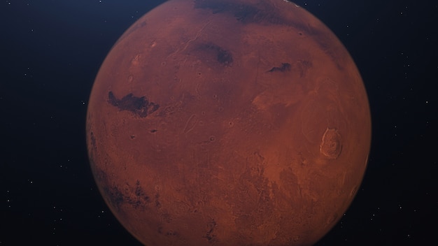 Rendering 3D marsjańskiej orbity Mars w kosmosie z oświetlonymi kraterami i marsjańskimi górami