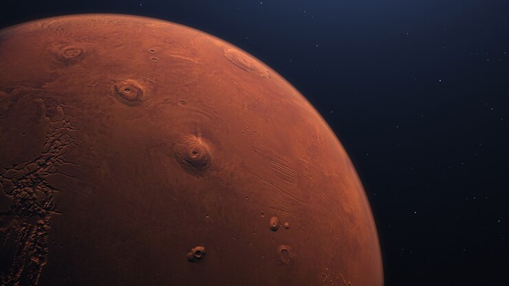 Rendering 3D marsjańskiej orbity Mars w kosmosie z oświetlonymi kraterami i marsjańskimi górami