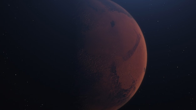 Rendering 3d Marsjańskiej Orbity Mars W Kosmosie Z Oświetlonymi Kraterami I Marsjańskimi Górami