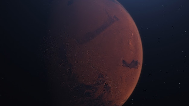 Rendering 3D marsjańskiej orbity Mars w kosmosie z oświetlonymi kraterami i marsjańskimi górami