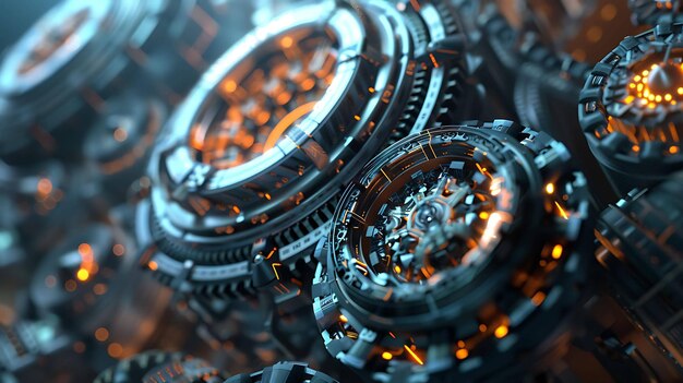 Rendering 3D maszyny steampunk z biegami i zębami Maszyna jest wykonana z metalu i ma niebiesko-pomarańczowy schemat kolorów