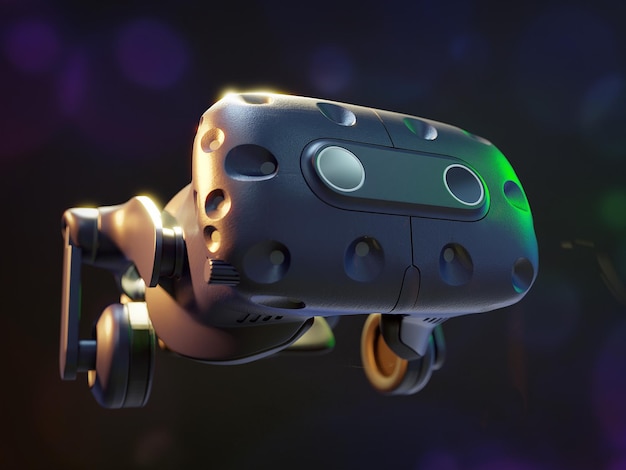 Rendering 3D modelu okularów VR na ciemno niebieskim tle