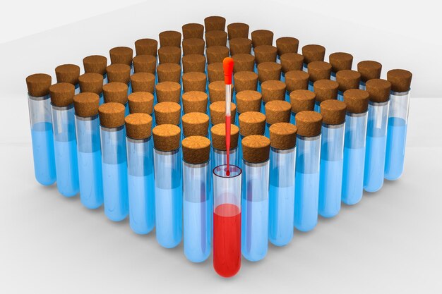 Zdjęcie rendering 3d naczyń chemicznych w obrazie cyfrowym komputera laboratoryjnego