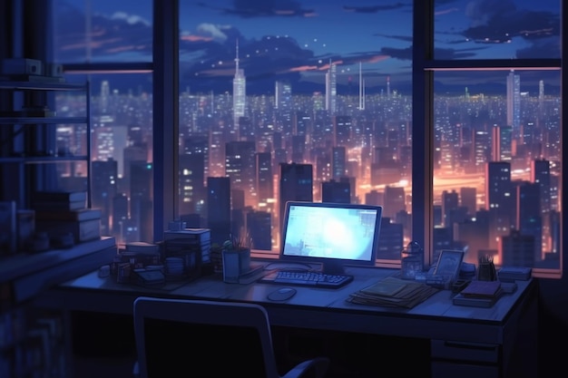 Rendering 3D nocnego biura z dużym oknem z widokiem na miasto