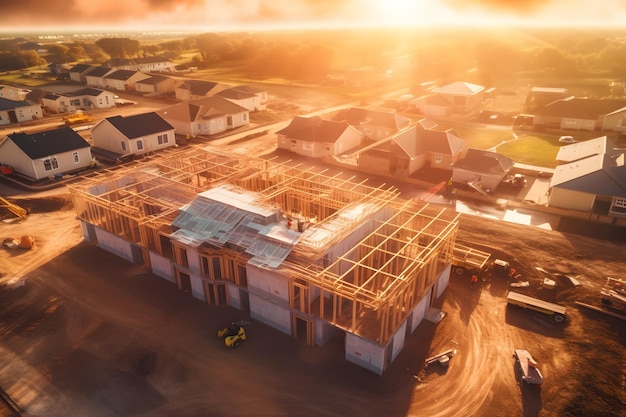 Rendering 3D nowej dzielnicy mieszkalnej z domami budowanymi na dachu