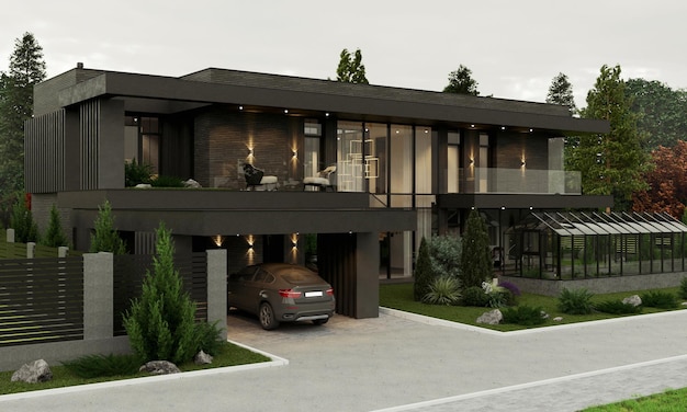 Rendering 3D nowoczesnego domu z ciemną fasadą. Dom z panoramicznymi oknami i tarasem. Cegła