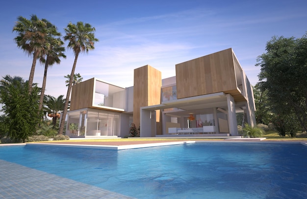 Rendering 3D nowoczesnej luksusowej willi z basenem w tropikalnym ogrodzie