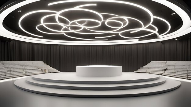 Zdjęcie rendering 3d okrągłego podium w sali konferencyjnej lub teatrze