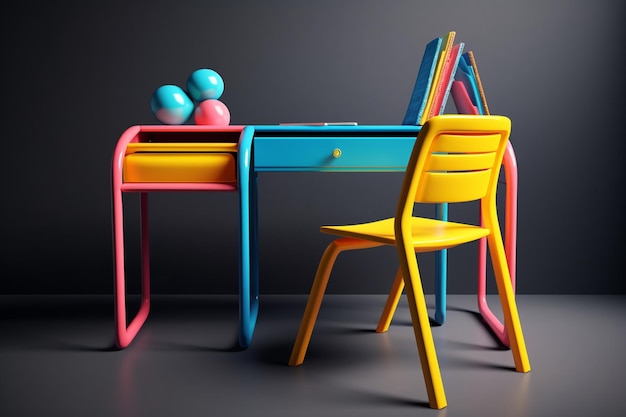 Zdjęcie rendering 3d pokoju dziecięcego z stołem, krzesłem i zabawkami